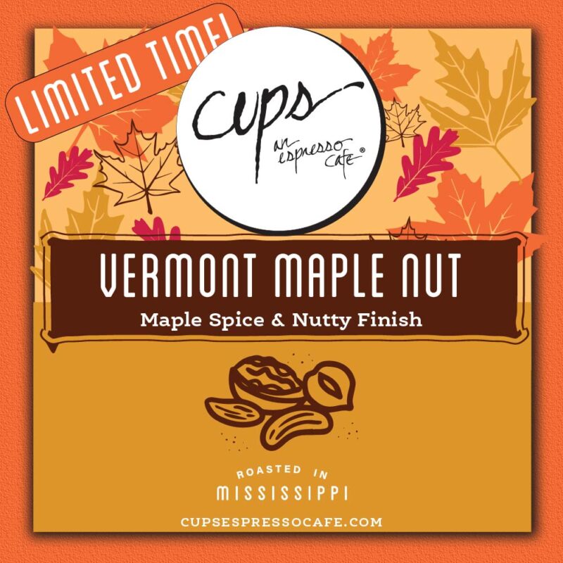Vermont Maple Nut limited time flavored coffee label with walnut icons and fall leaves showing maple spice and nutty finish flavor notes on autumn background