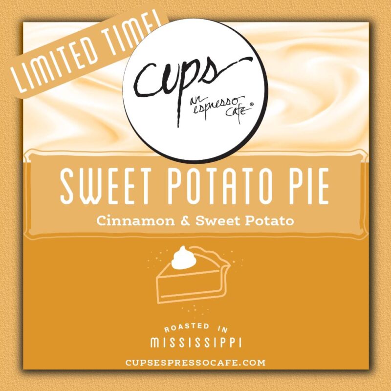 Sweet Potato Pie limited time flavored coffee label with pie slice icon showing cinnamon and sweet potato flavor notes on warm orange background with limited time banner