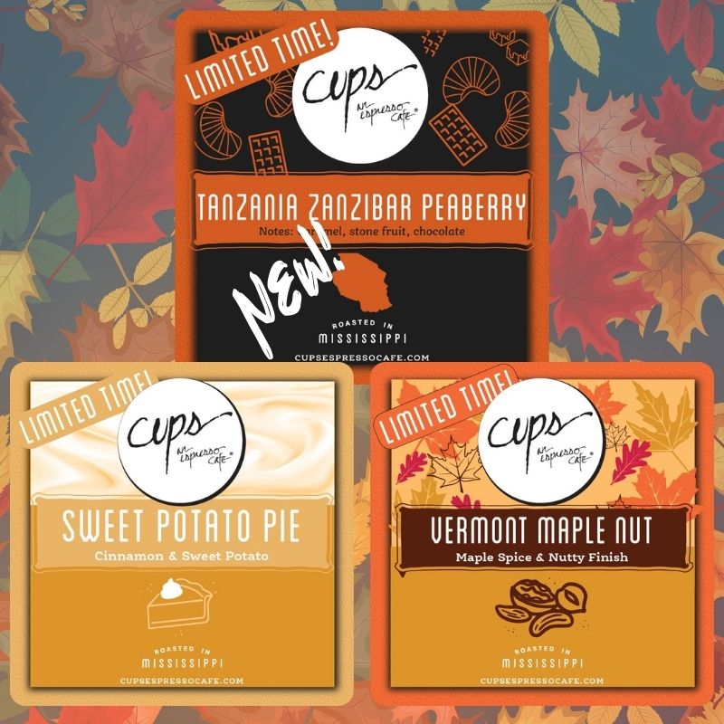Fall Flavors plus Tanzania Bundle showing three coffee labels - Tanzania Zanzibar Peaberry, Sweet Potato Pie, and Vermont Maple Nut with autumn leaves and limited time branding